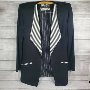 Criscione Vintage Black White Striped Collar Black Blazer Jacket Rhinestone